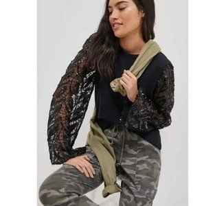 Maeve Anthropologie Tasha Lace-Sleeved Sequin Sweatshirt Black Size Small